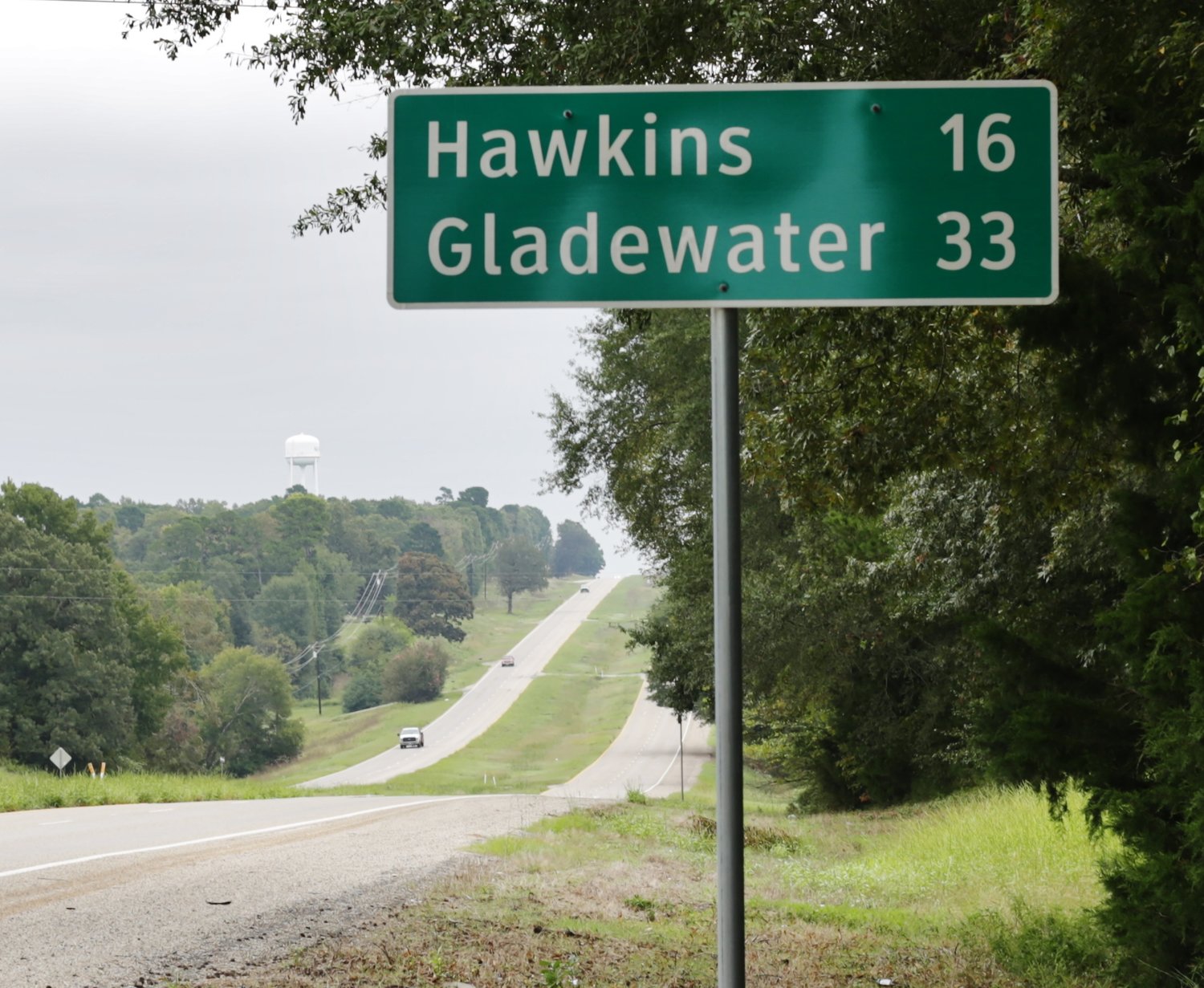 The mileage sign along Hwy. 80 near Mineola marking the distance to Hawkins that Pennal sometimes covered on foot.